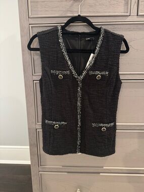 Ann Taylor Black Tweed Sleeveless Vest with Metallic Trim